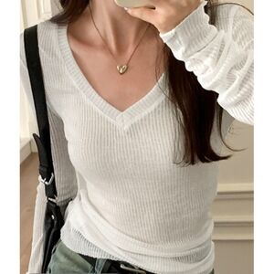 Ribbed V Neck Slim Long Sleeve Knit